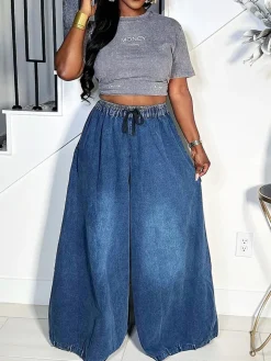 Drawstring Wide Leg Denim Pants