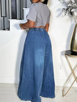Drawstring Wide Leg Denim Pants