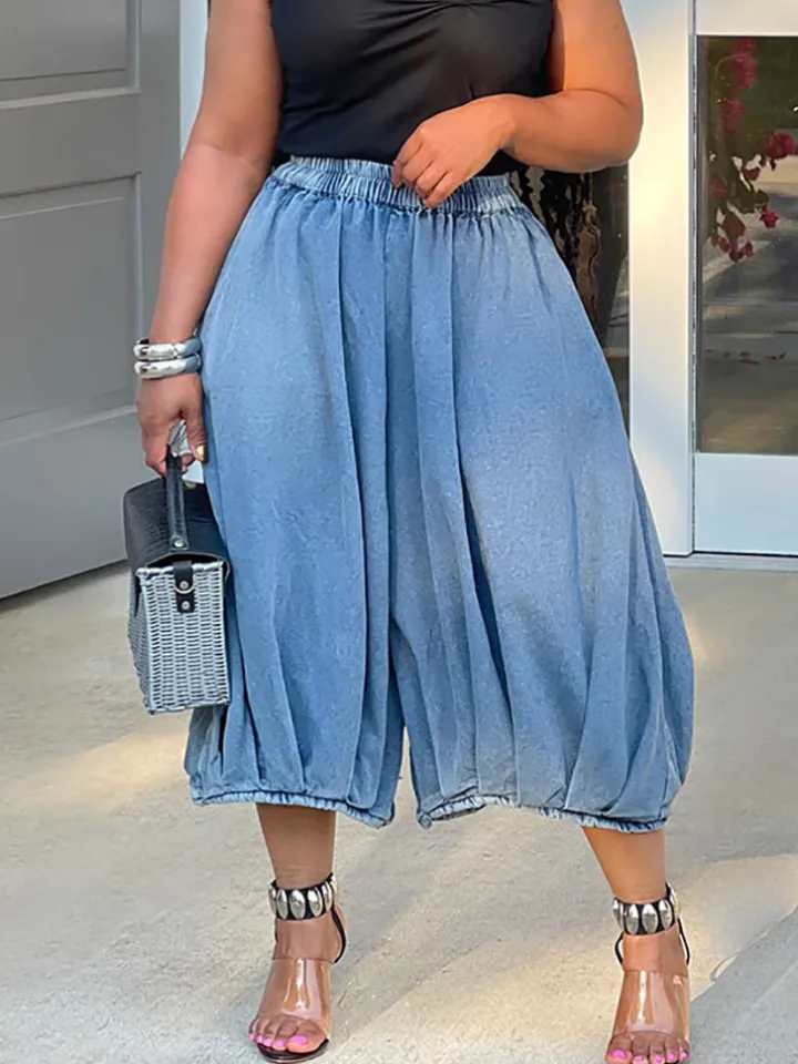 Elastic Waist Wide Leg Cropped Denim Jeans