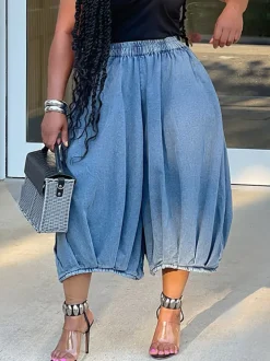 Elastic Waist Wide Leg Cropped Denim Jeans