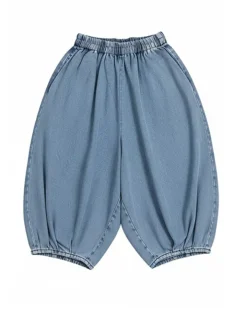 Elastic Waist Wide Leg Cropped Denim Jeans