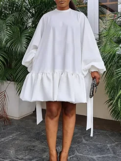 Elegant Bubble Sleeve Solid Color Dress