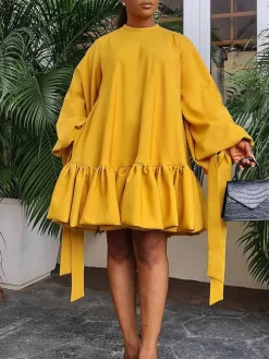 Elegant Bubble Sleeve Solid Color Dress