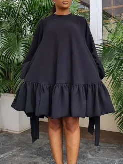 Elegant Bubble Sleeve Solid Color Dress