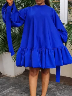 Elegant Bubble Sleeve Solid Color Dress