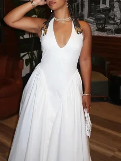 Elegant Halter Neck Solid Color Dress