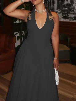 Elegant Halter Neck Solid Color Dress