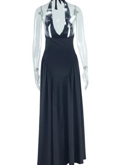 Elegant Halter Neck Solid Color Dress