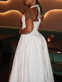 Elegant Halter Neck Solid Color Dress
