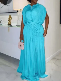 Elegant Pleated Drawstring Waist Maxi Dress