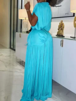 Elegant Pleated Drawstring Waist Maxi Dress