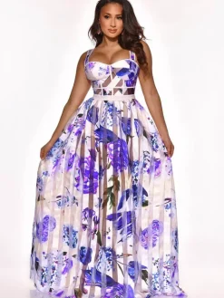 Elegant Sheer Mesh Patchwork Floral Print Beach Dress