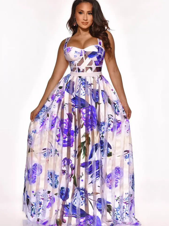 Elegant Sheer Mesh Patchwork Floral Print Beach Dress