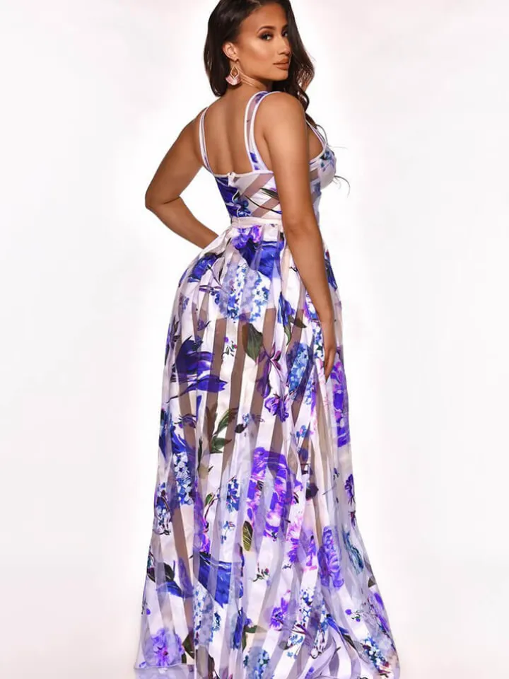 Elegant Sheer Mesh Patchwork Floral Print Beach Dress