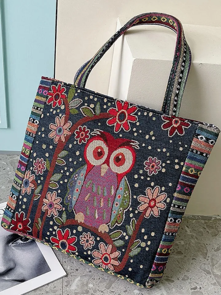 Embroidered Owl Floral Print Shoulder Bag