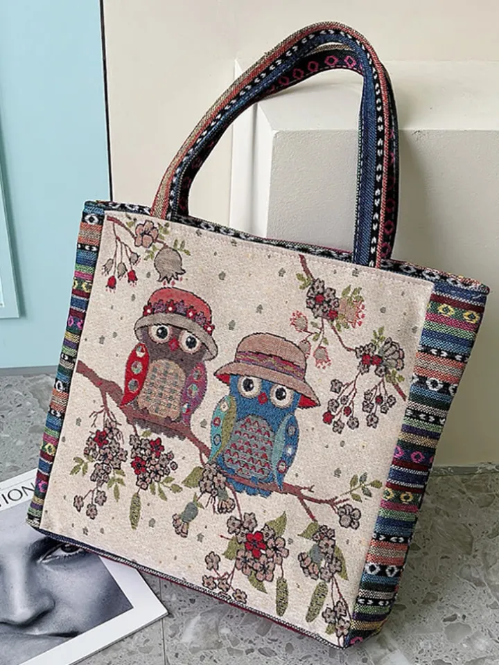 Embroidered Owl Floral Print Shoulder Bag