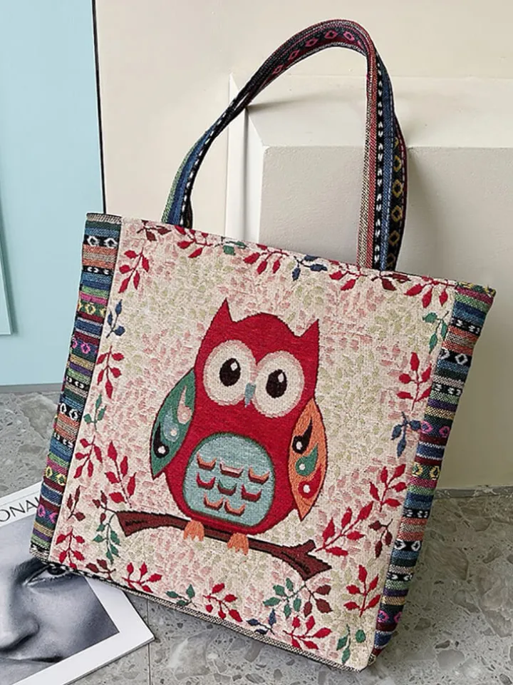 Embroidered Owl Floral Print Shoulder Bag