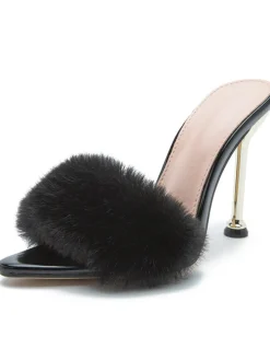 Faux Rabbit Fur Stiletto High Heel Sandals