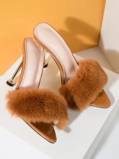 Faux Rabbit Fur Stiletto High Heel Sandals