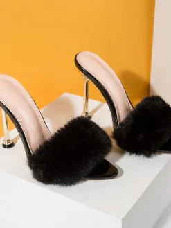 Faux Rabbit Fur Stiletto High Heel Sandals