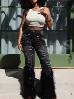 Feather Beaded Distressed Flare Jeans