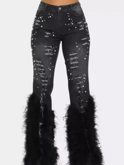 Feather Beaded Distressed Flare Jeans