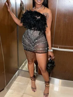 Feather Rhinestone Strapless Mini Dress