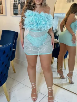 Feather Rhinestone Strapless Mini Dress