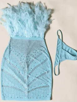 Feather Rhinestone Strapless Mini Dress