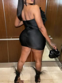 Feather Rhinestone Strapless Mini Dress