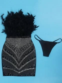 Feather Rhinestone Strapless Mini Dress