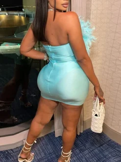 Feather Rhinestone Strapless Mini Dress