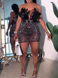 Feather Rhinestone Strapless Mini Dress