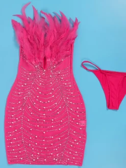 Feather Rhinestone Strapless Mini Dress
