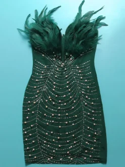 Feather Rhinestone Strapless Mini Dress