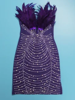 Feather Rhinestone Strapless Mini Dress