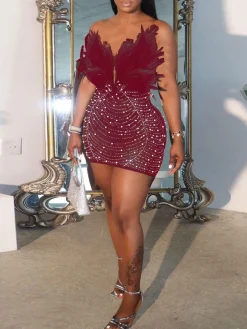 Feather Rhinestone Strapless Mini Dress