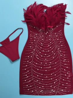 Feather Rhinestone Strapless Mini Dress