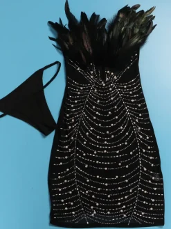 Feather Rhinestone Strapless Mini Dress