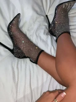 Fishnet Hollow Out Rhinestone Heel Boots