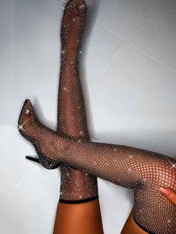 Fishnet Hollow Out Rhinestone Over Knee Heel Boots