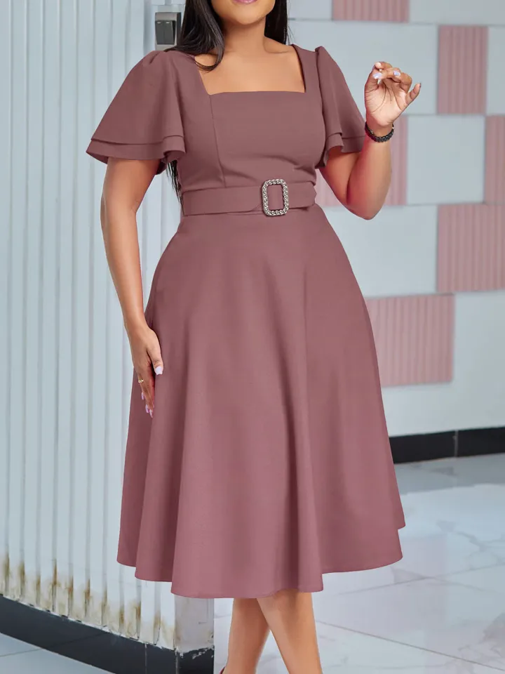 Flared Sleeve Square Neck Midi Dress with Belt