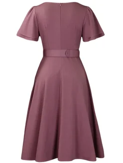 Flared Sleeve Square Neck Midi Dress with Belt