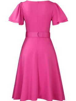 Flared Sleeve Square Neck Midi Dress with Belt