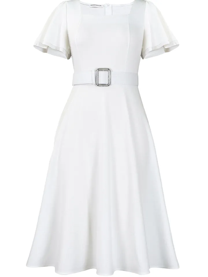 Flared Sleeve Square Neck Midi Dress with Belt