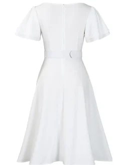 Flared Sleeve Square Neck Midi Dress with Belt