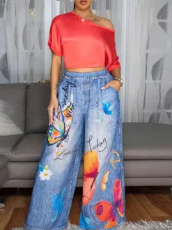 Floral Butterfly Print Wide Leg Jeans