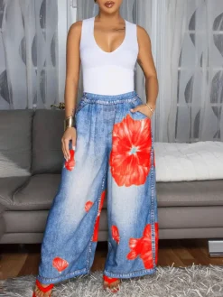 Floral Butterfly Print Wide Leg Jeans