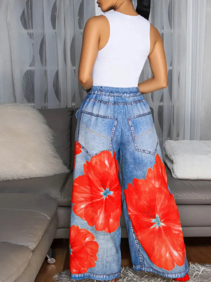 Floral Butterfly Print Wide Leg Jeans