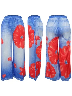 Floral Butterfly Print Wide Leg Jeans